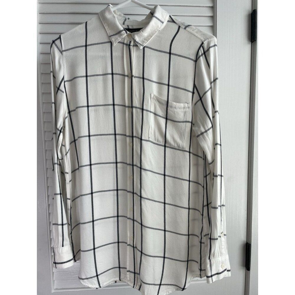 Banana Republic White W/Black Grid Long Sleeves Collard Boy Friend Womens Sz S